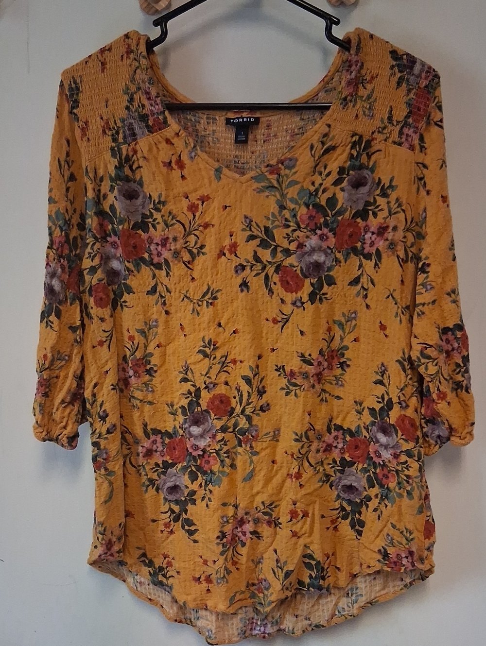 Torrid Mustard Floral V-Neck Smocked Yoke Tunic